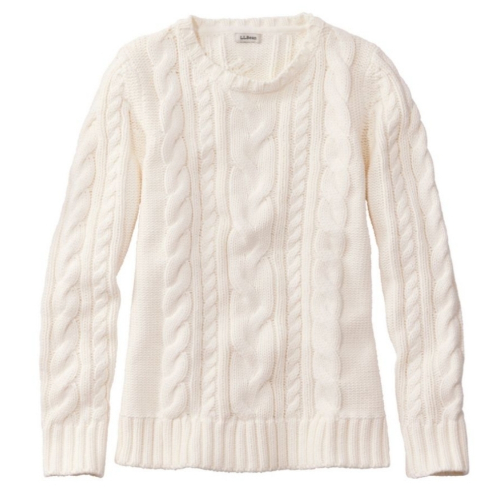 L.L. Bean Women's Double L Cable Sweater, Crewneck Beige Size Small Cotton